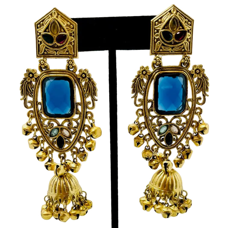 Gold & Blue Jhumka Earrings