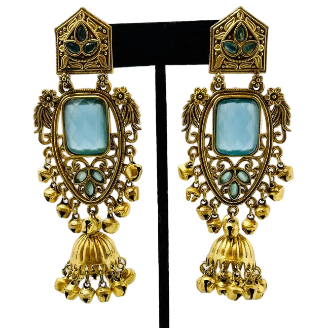 Gold & Sky-blue Jhumka Earrings