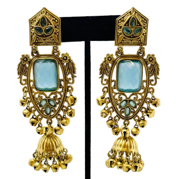 Gold & Sky-blue Jhumka Earrings