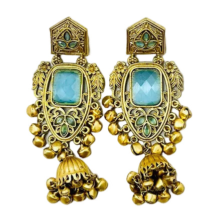 Gold & Sky-blue Jhumka Earrings