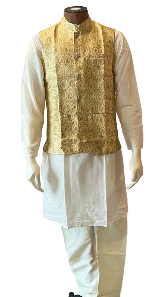 Cream & Yellow Kurta Vest Set