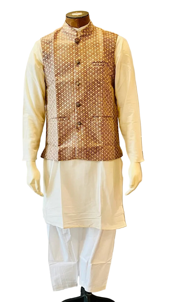 Cream & Maroon Kurta Vest Set