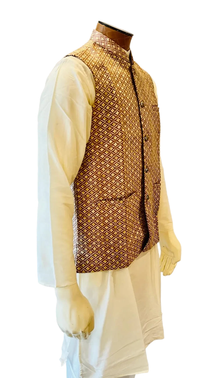 Cream & Maroon Kurta Vest Set