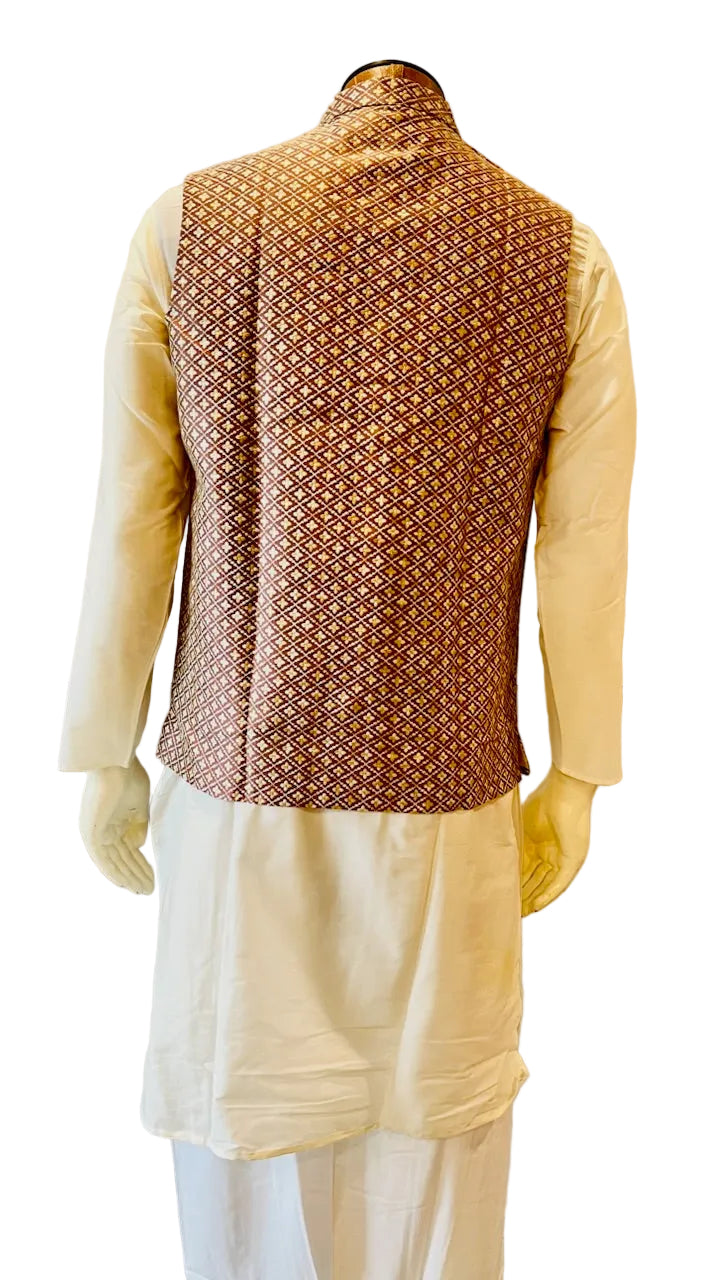 Cream & Maroon Kurta Vest Set