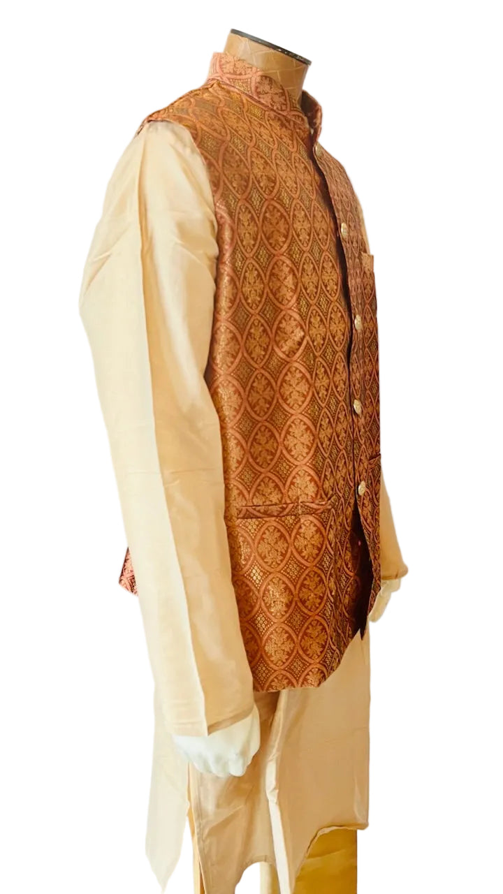 Beige Kurta Set with Pink Vest