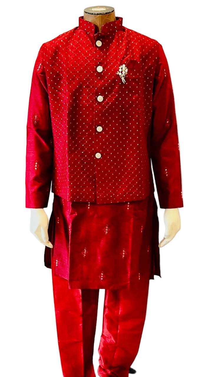 Red Kurta Vest Set