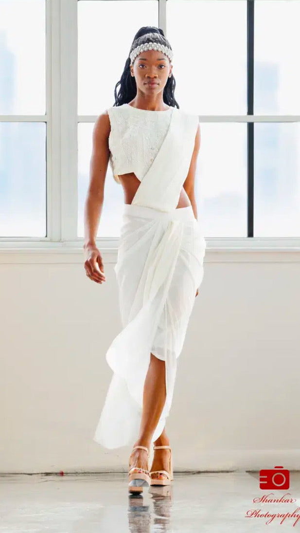 Cream Draped Saree Skirt Set