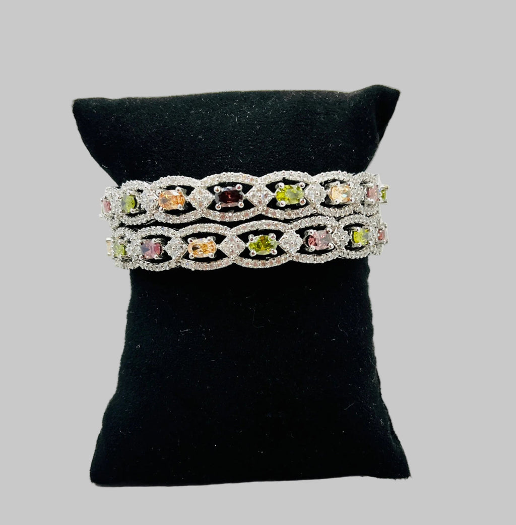 Multicolor Stone Silver-Tone Bangle Set