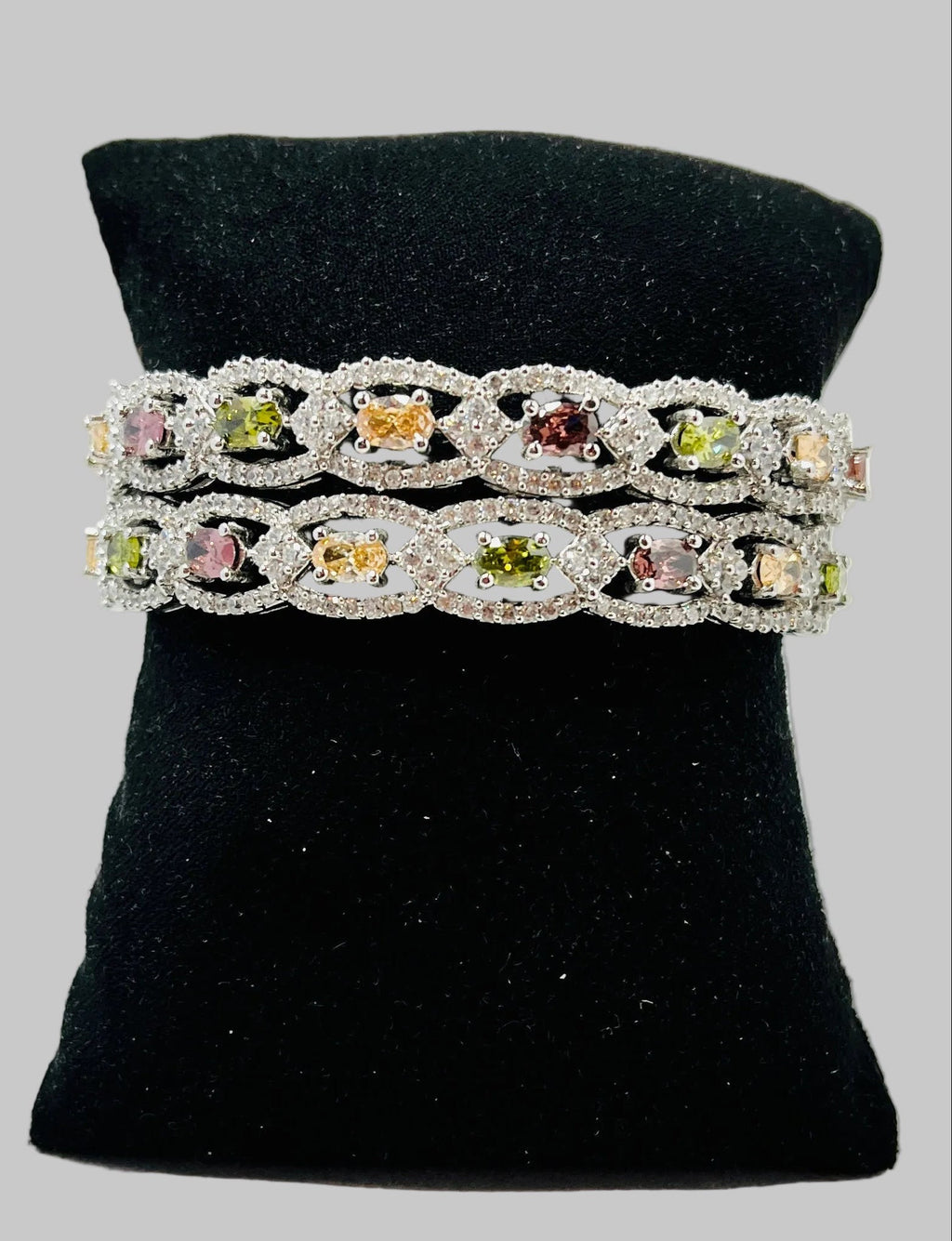 Multicolor Stone Silver-Tone Bangle Set