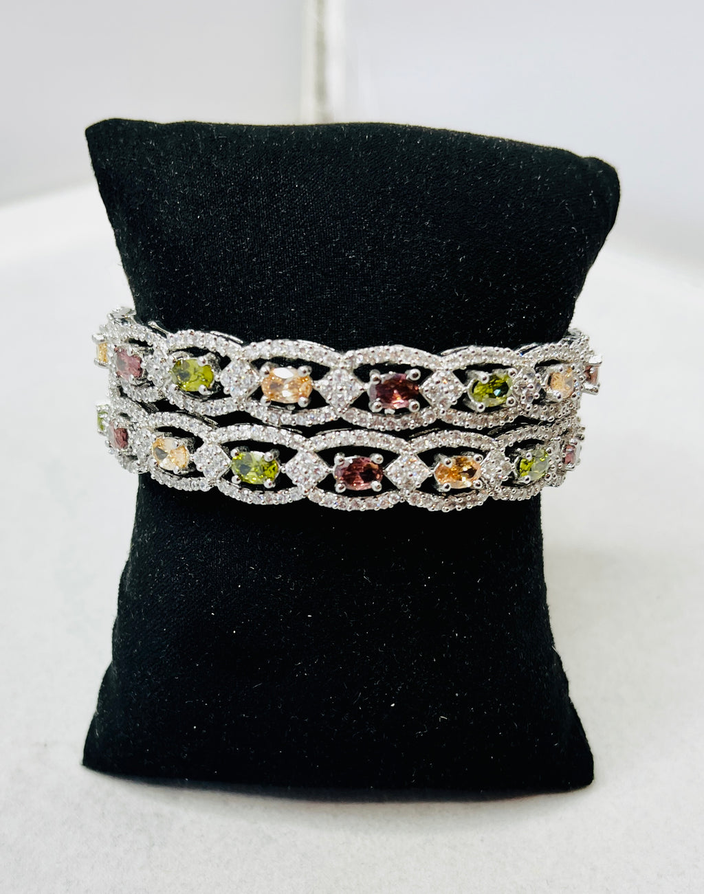 Multicolor Stone Silver-Tone Bangle Set