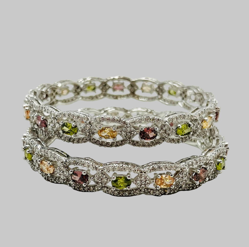 Multicolor Stone Silver-Tone Bangle Set
