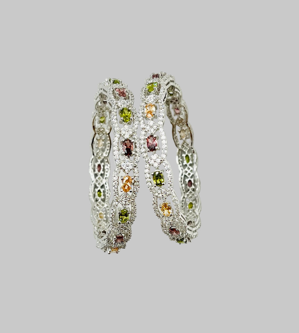 Multicolor Stone Silver-Tone Bangle Set
