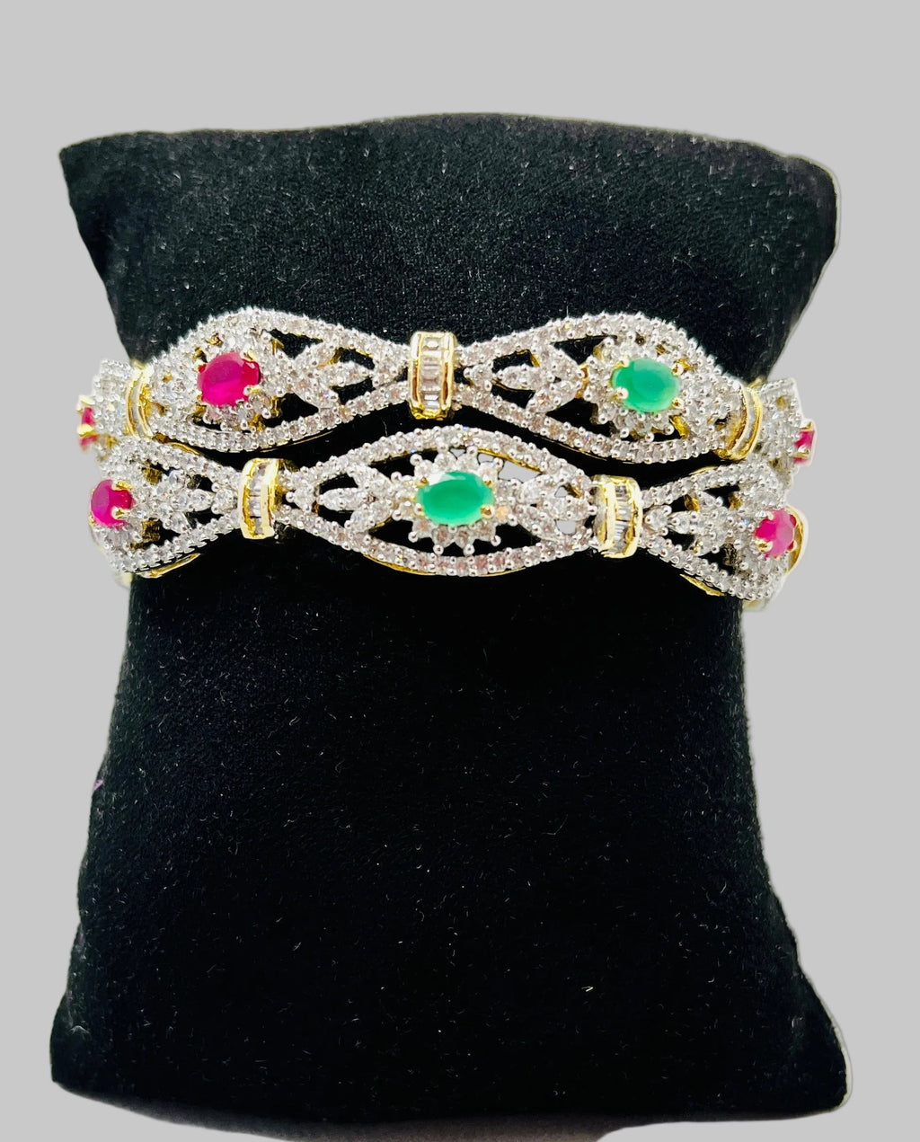 Pink & Green Stone American Diamond Bangle Set