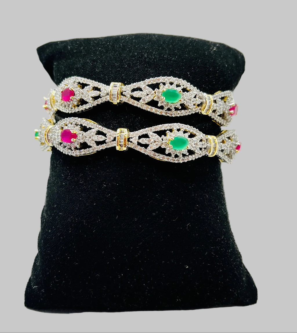 Pink & Green Stone American Diamond Bangle Set