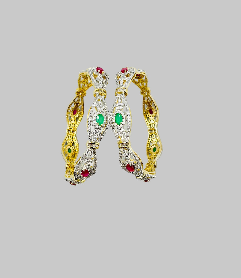 Pink & Green Stone American Diamond Bangle Set