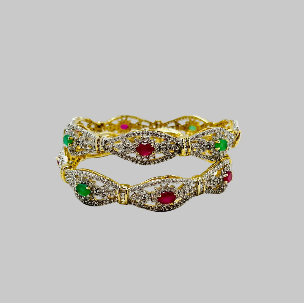 Pink & Green Stone American Diamond Bangle Set