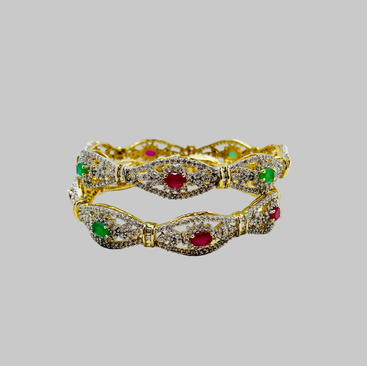 Pink & Green Stone American Diamond Bangle Set