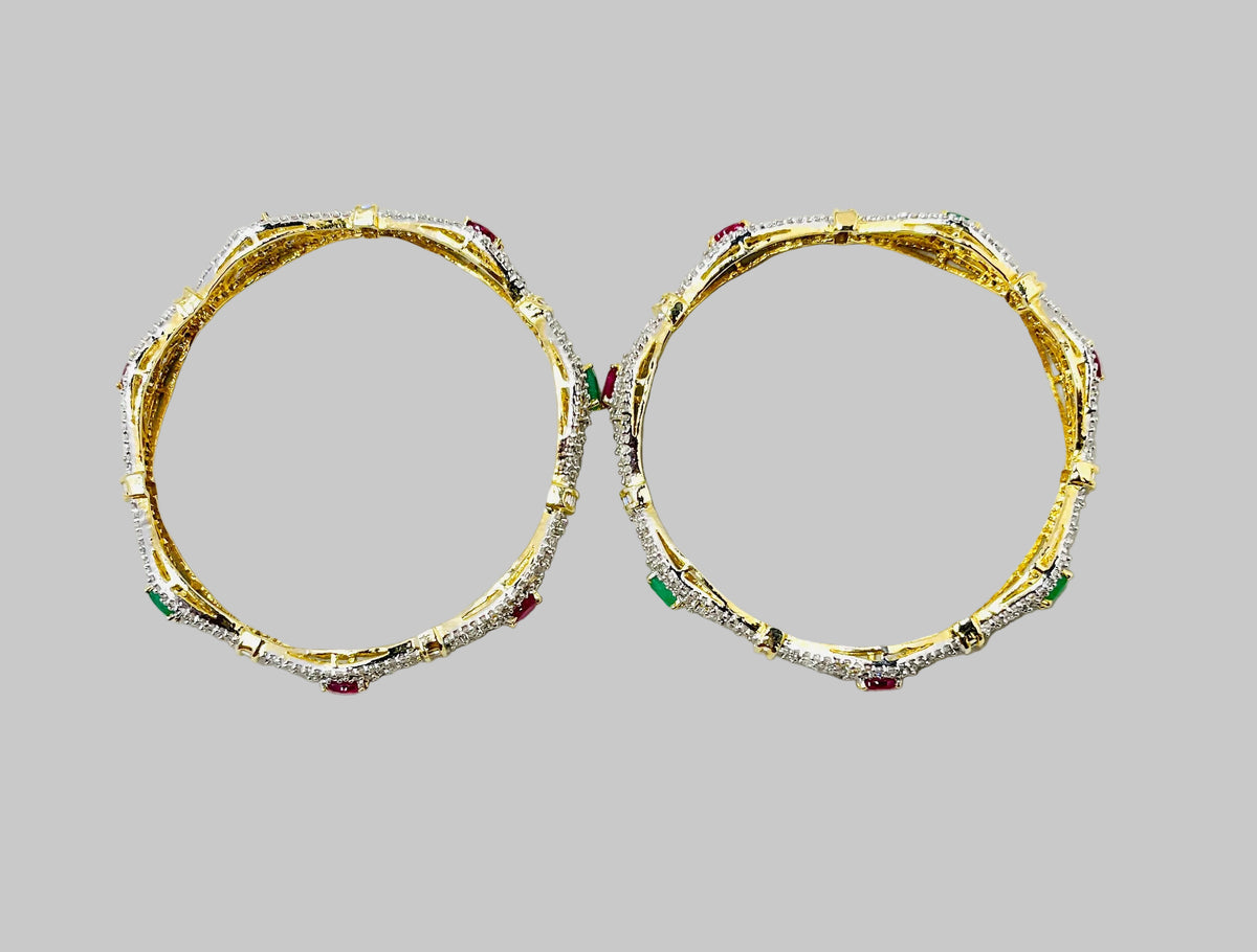 Pink & Green Stone American Diamond Bangle Set