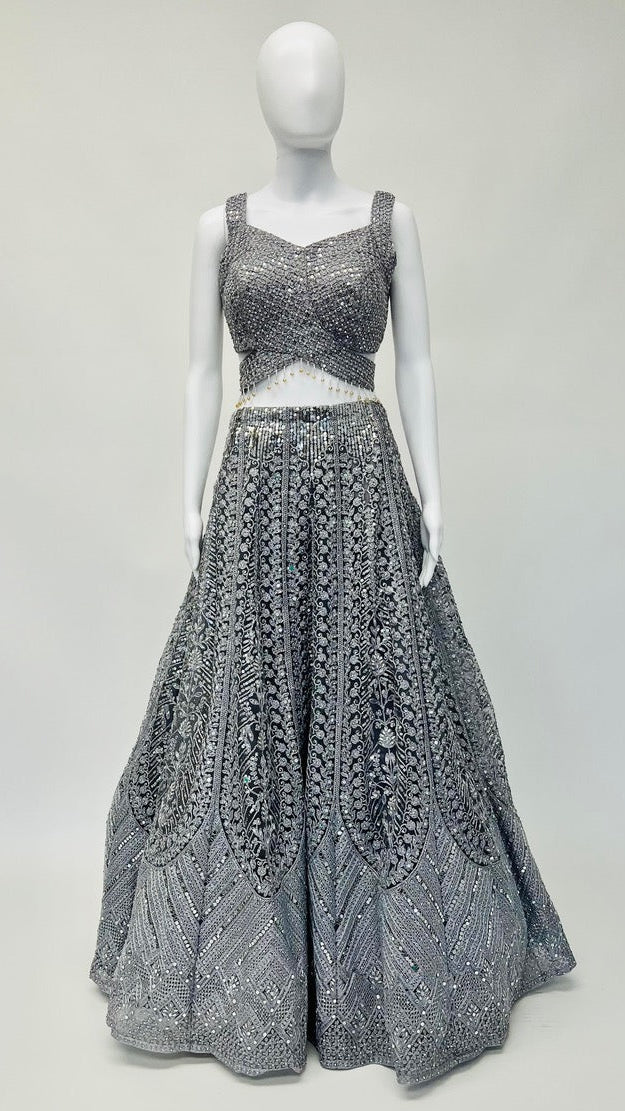 Grey Feathered Lehnga Set