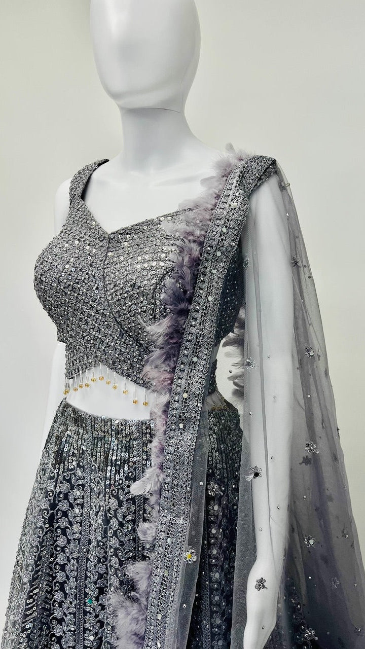 Grey Feathered Lehnga Set