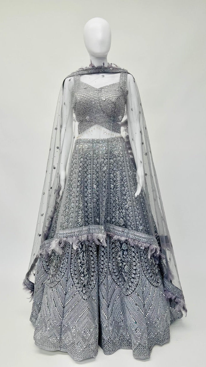 Grey Feathered Lehnga Set