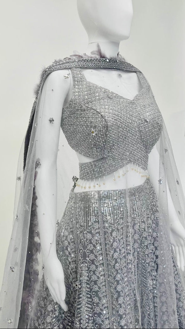 Grey Feathered Lehnga Set
