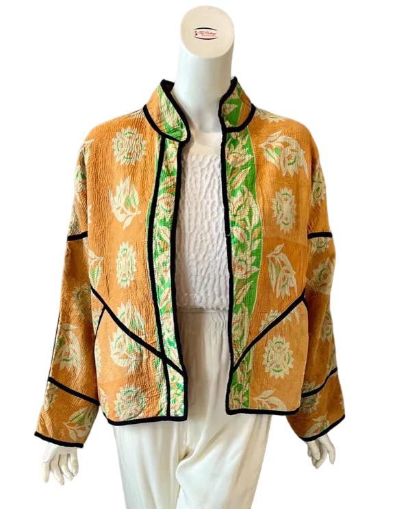 Orange & Green Reversible Floral Kantha Work Jacket