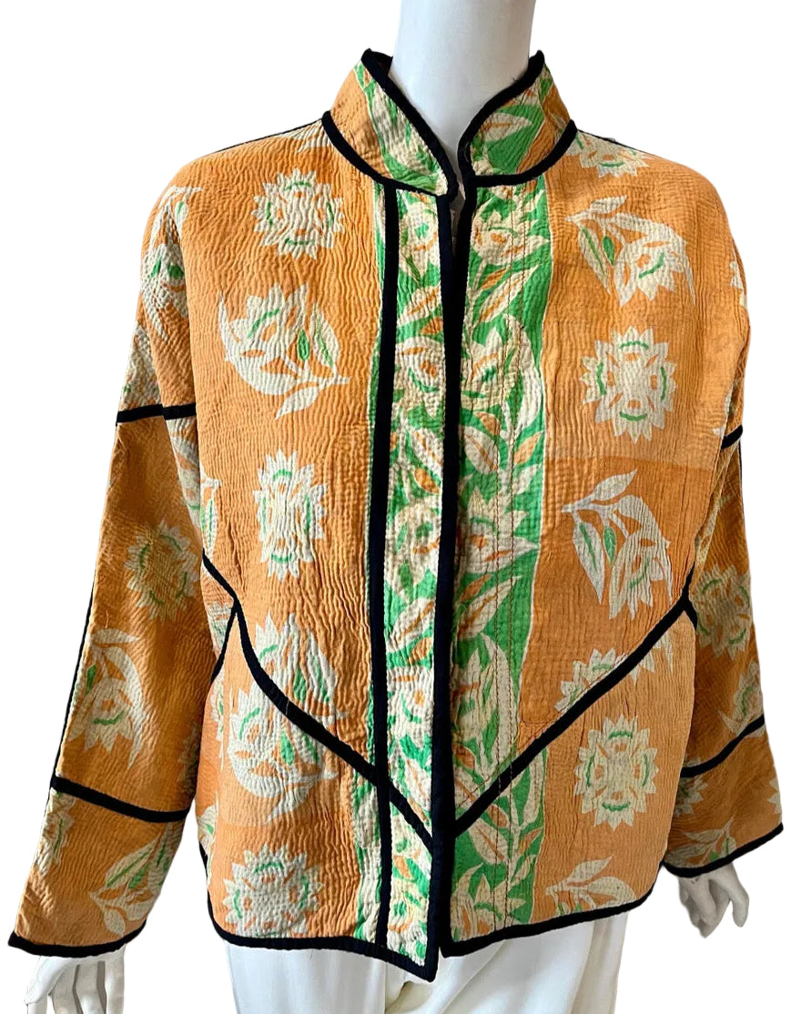 Upcycled Orange & Green Reversible Floral Kantha Work Jacket