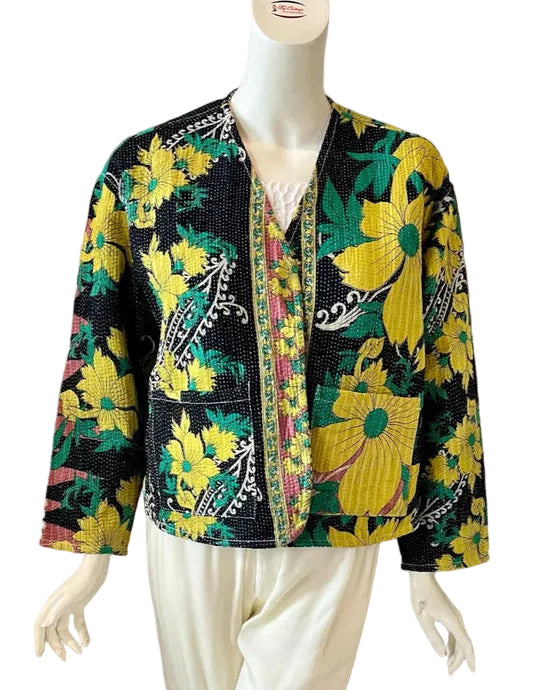 Blue & Yellow Floral Kantha Work Jacket