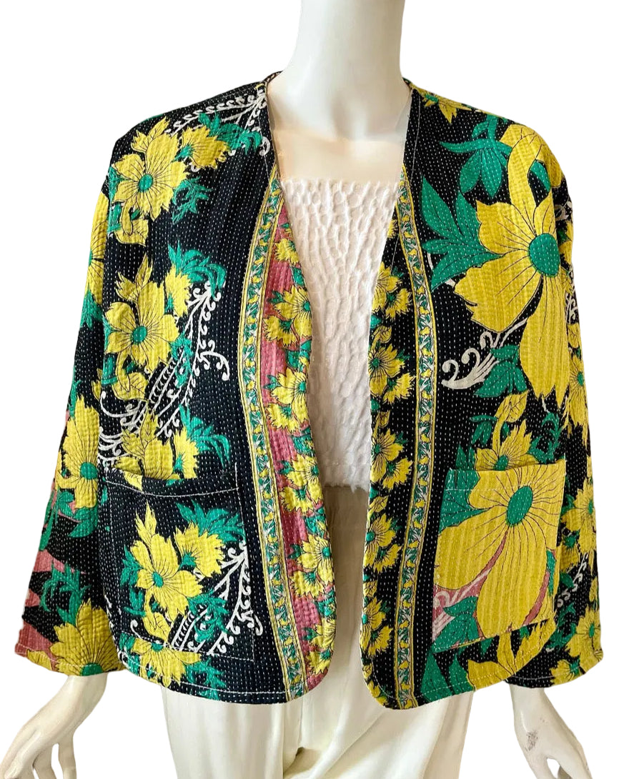Blue & Yellow Floral Kantha Work Jacket