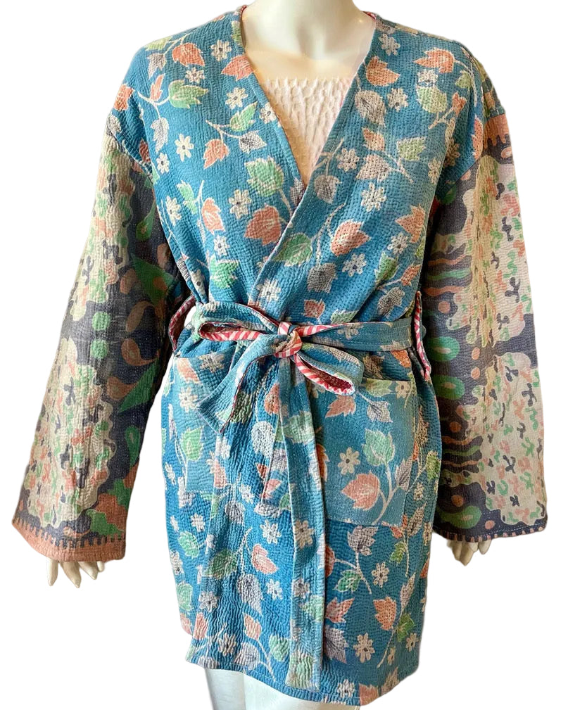 Blue Floral Upcycled Kantha Work Jacket