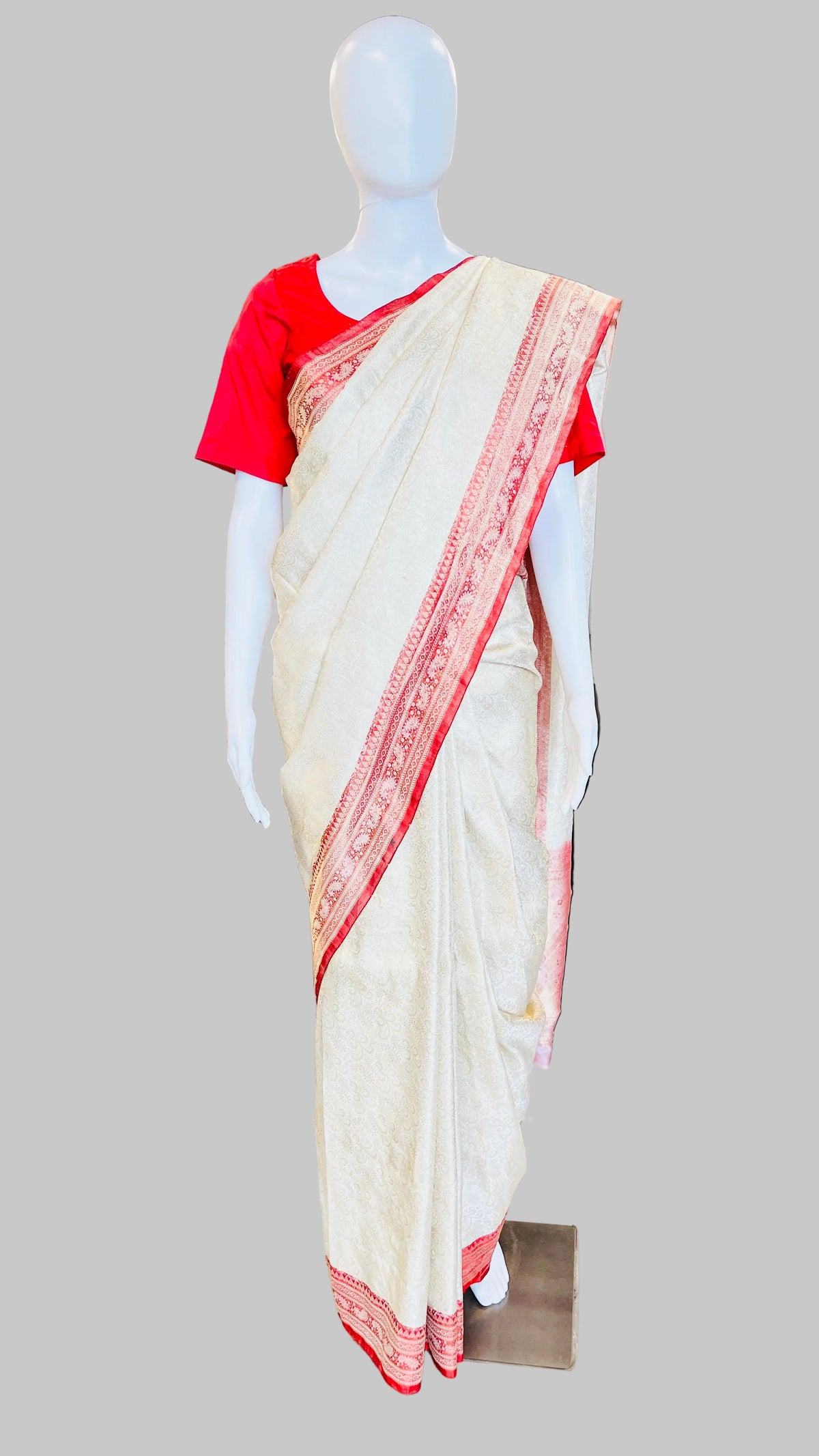 Off-White &amp; Red Silk Saree