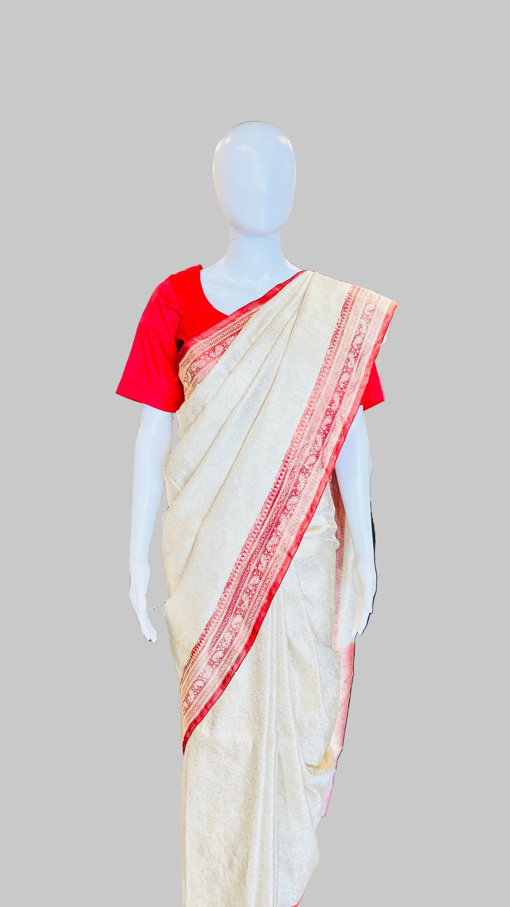 Off-White &amp; Red Silk Saree