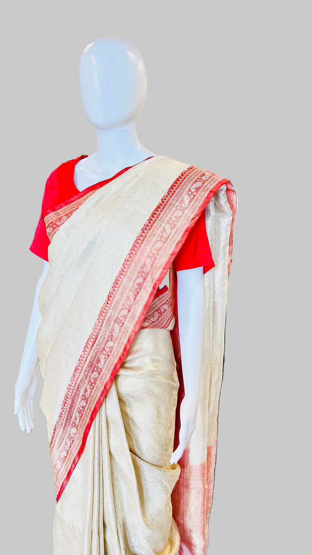 Off-White &amp; Red Silk Saree