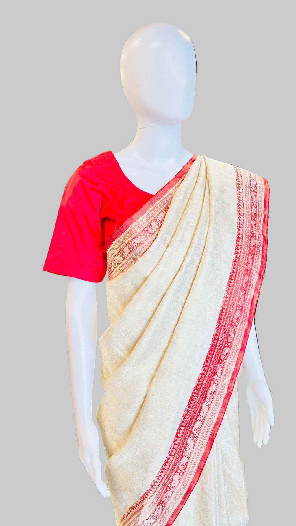 Off-White &amp; Red Silk Saree
