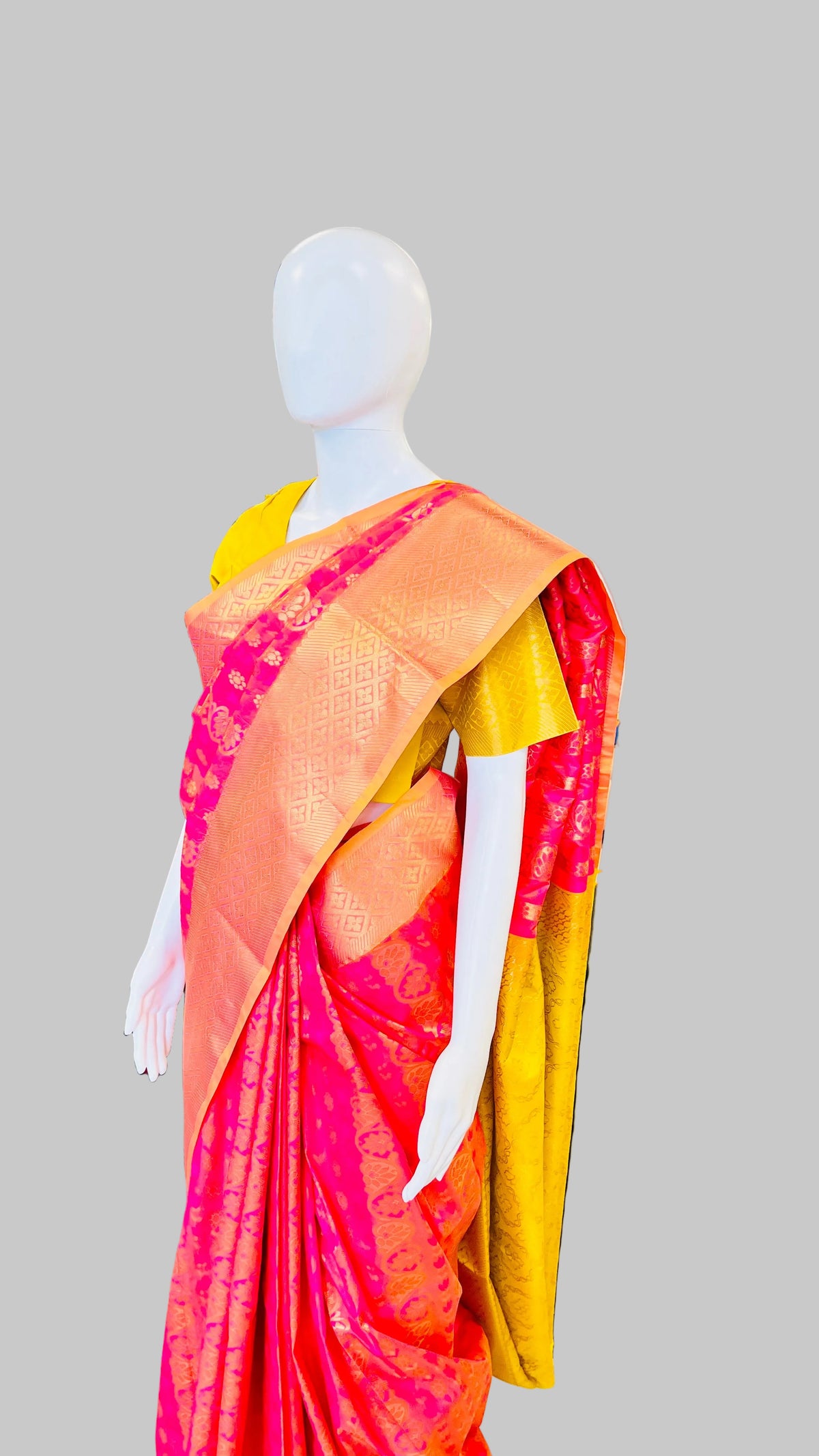 Dark Pink & Yellow Silk Saree