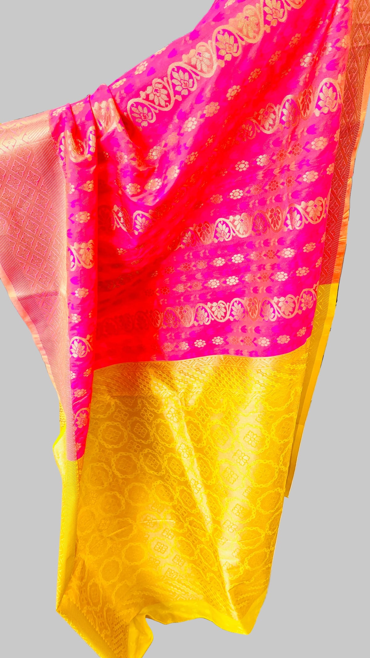 Dark Pink & Yellow Silk Saree