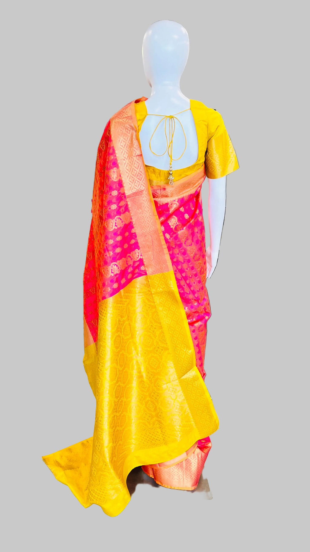 Dark Pink & Yellow Silk Saree