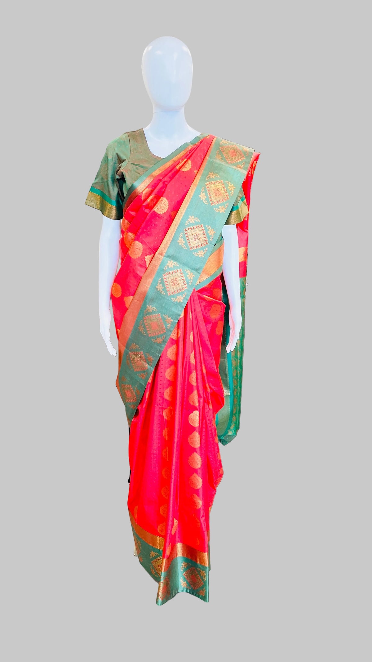 Red & Sage Green  Silk Saree