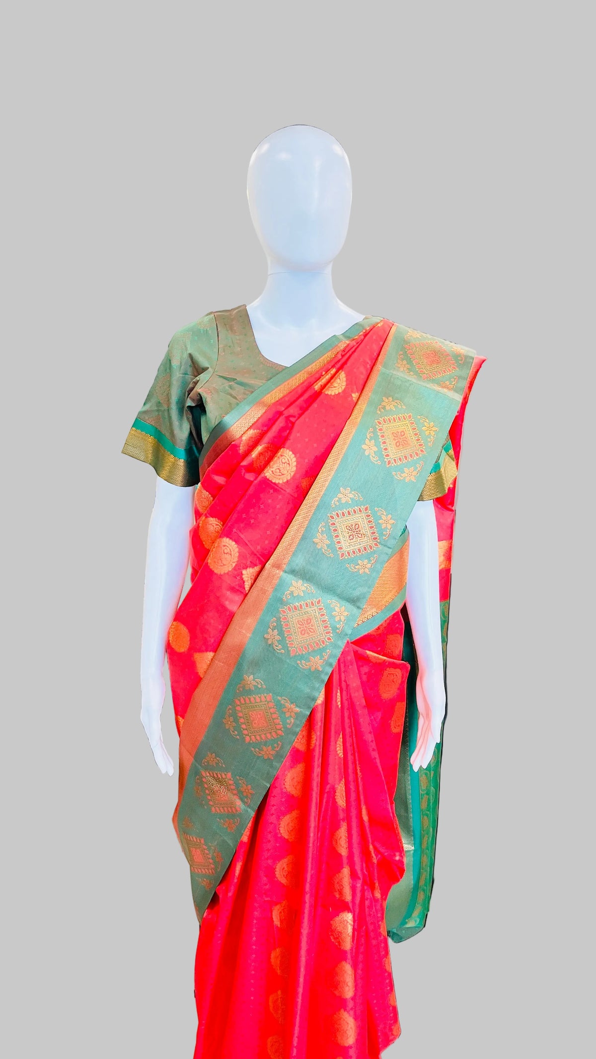 Red & Sage Green  Silk Saree