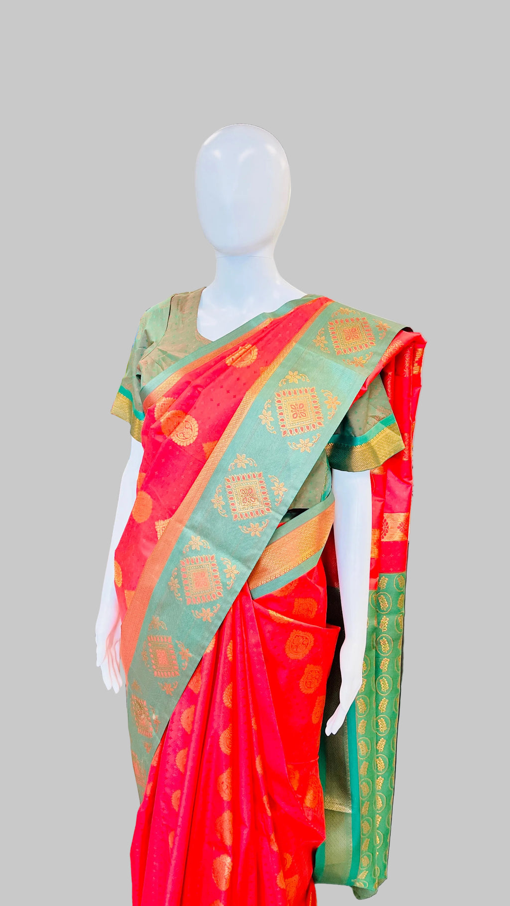 Red & Sage Green  Silk Saree