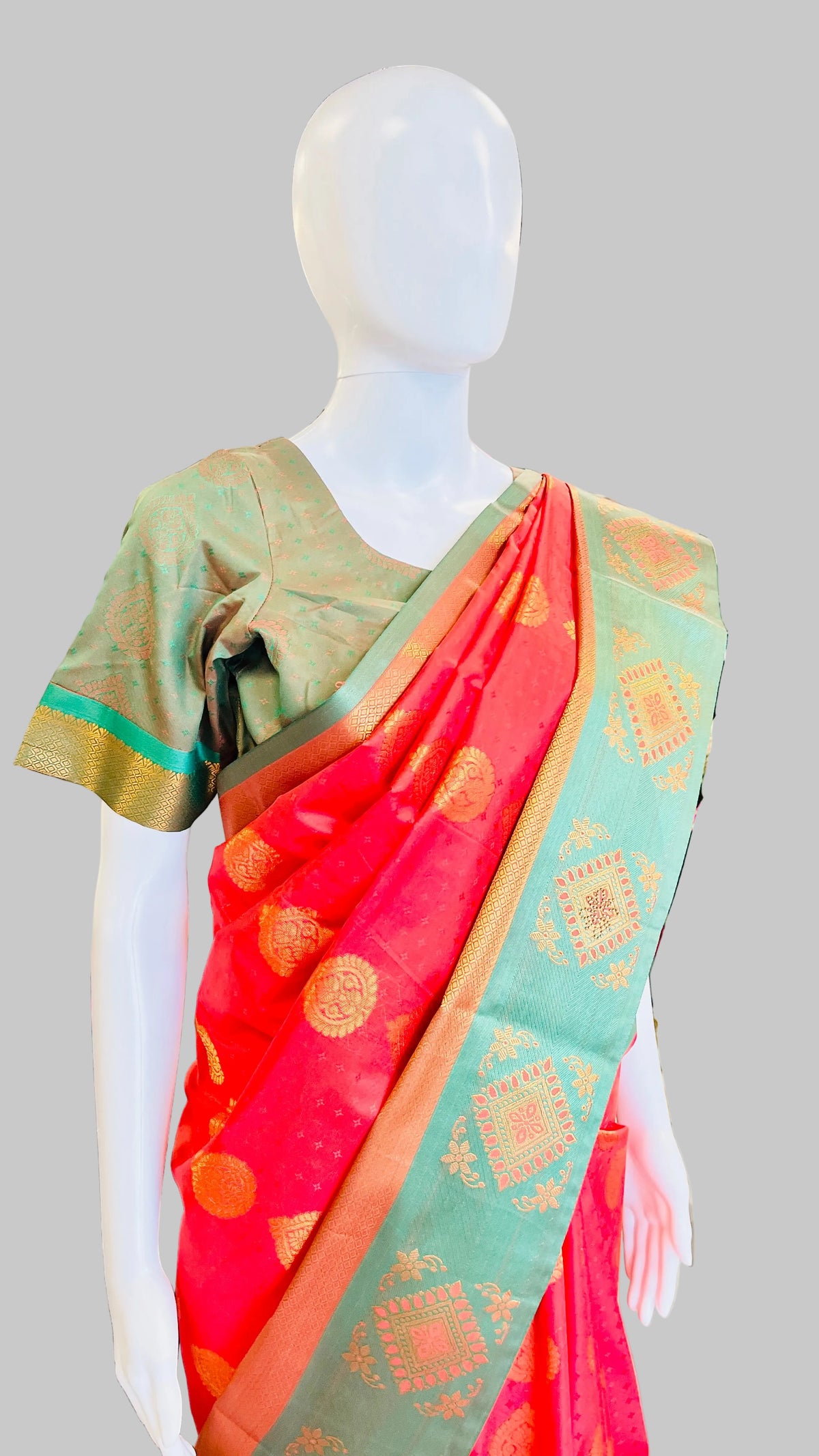 Red & Sage Green  Silk Saree