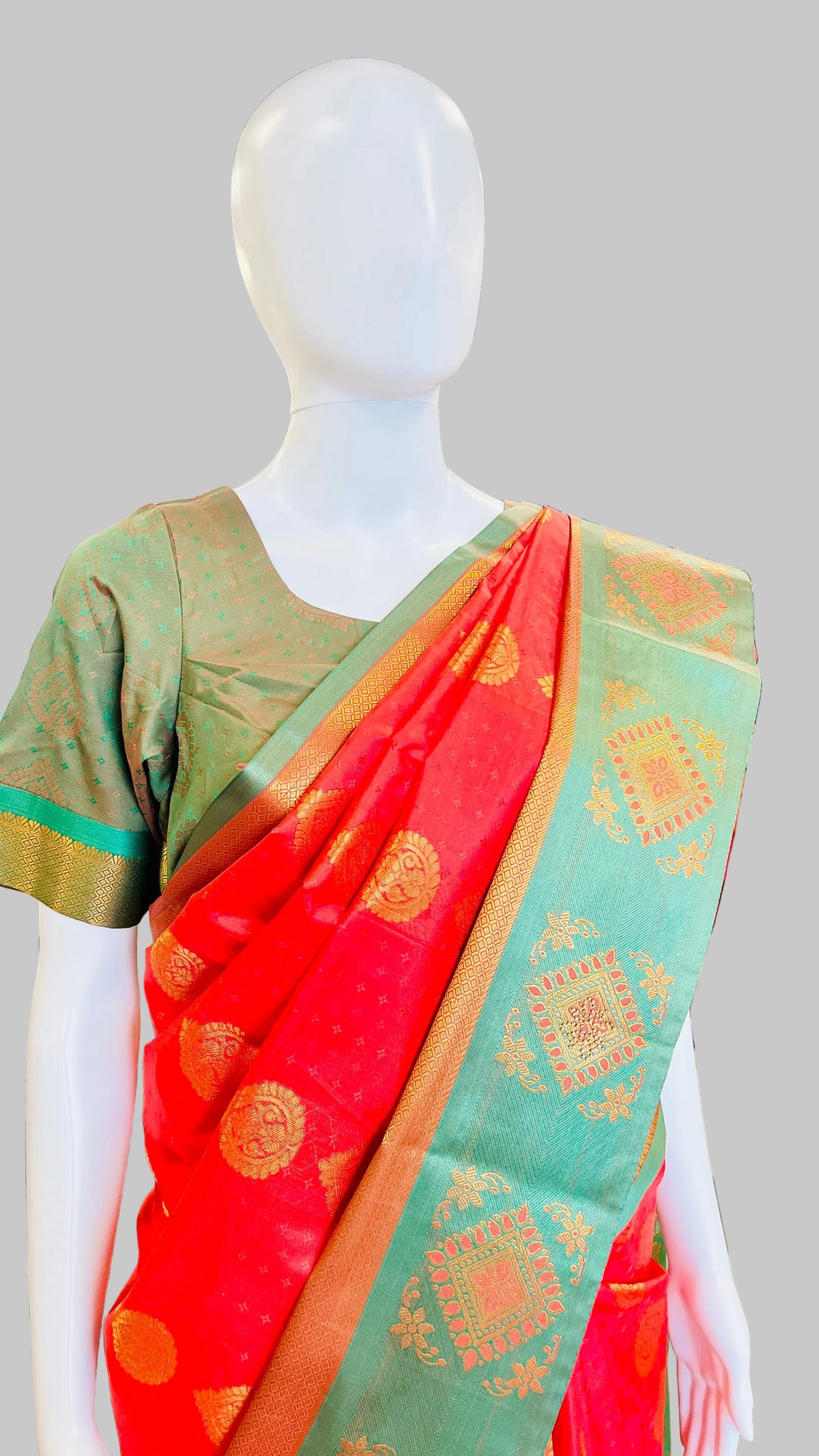 Red & Sage Green  Silk Saree