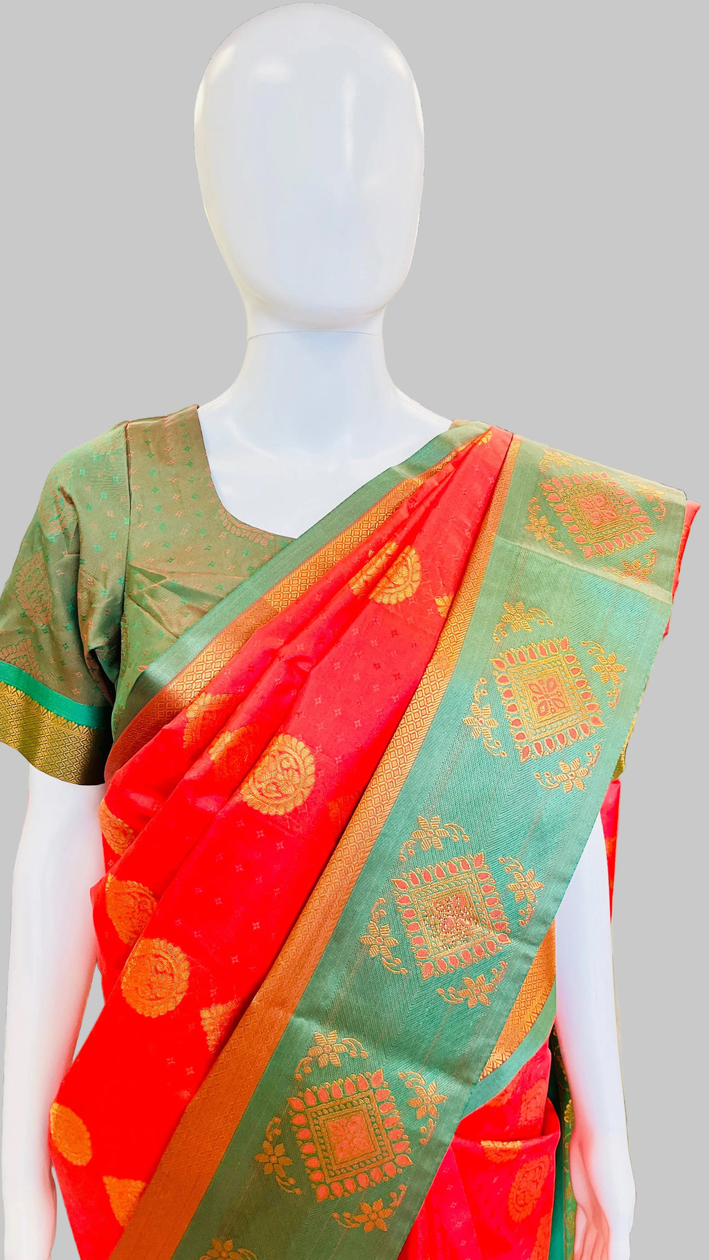 Red & Sage Green  Silk Saree