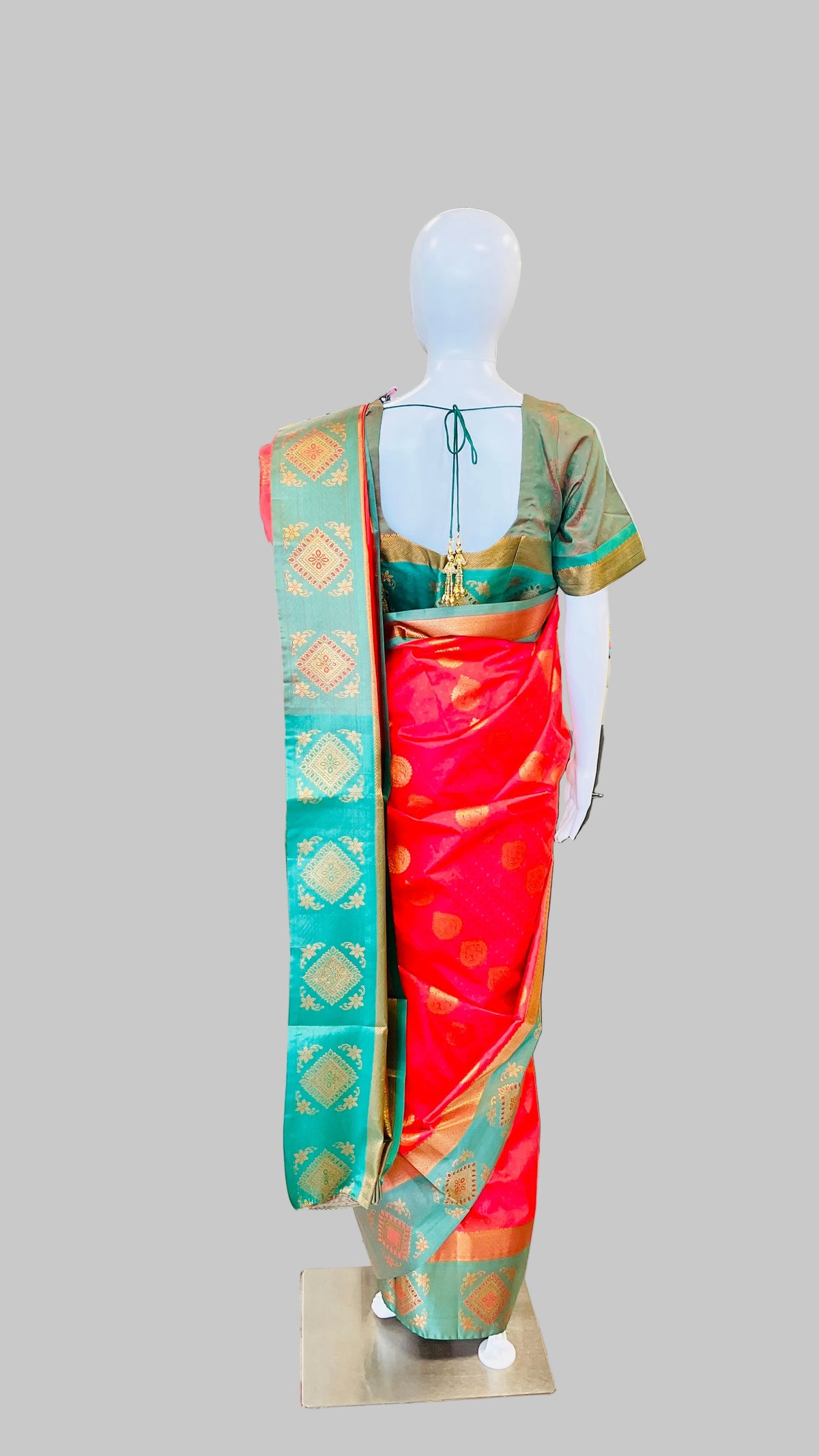 Red & Sage Green  Silk Saree