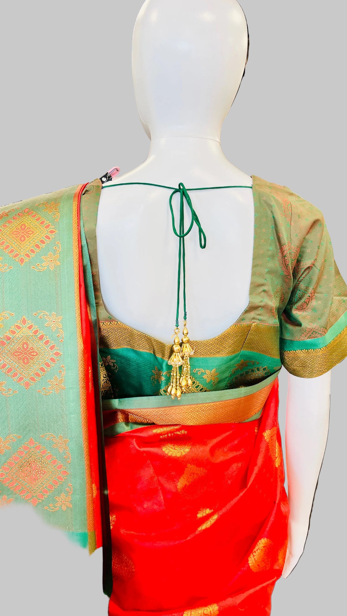 Red & Sage Green  Silk Saree