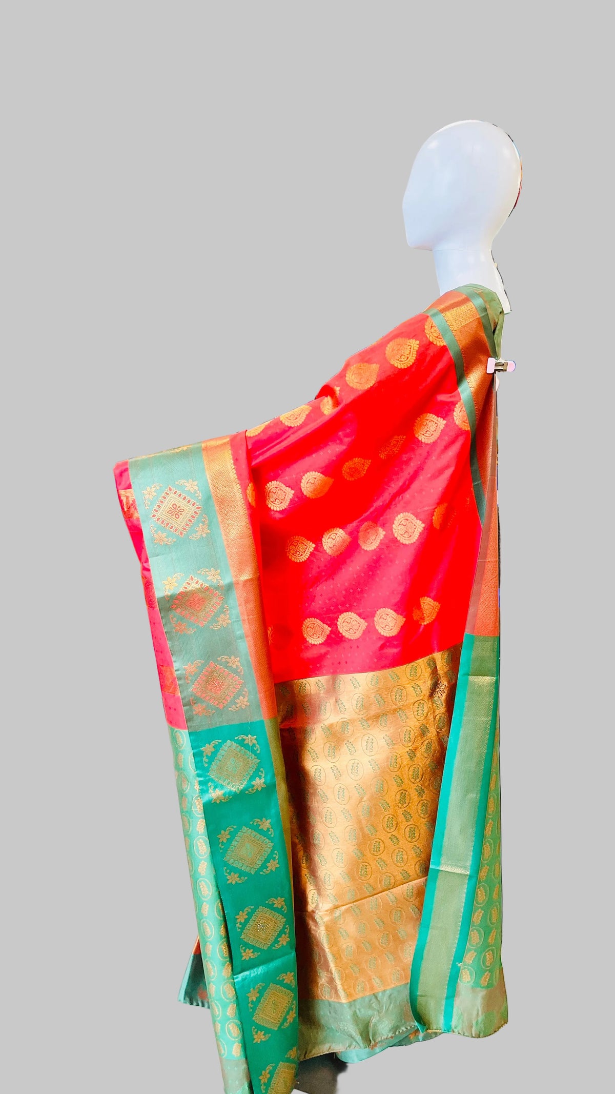 Red & Sage Green  Silk Saree