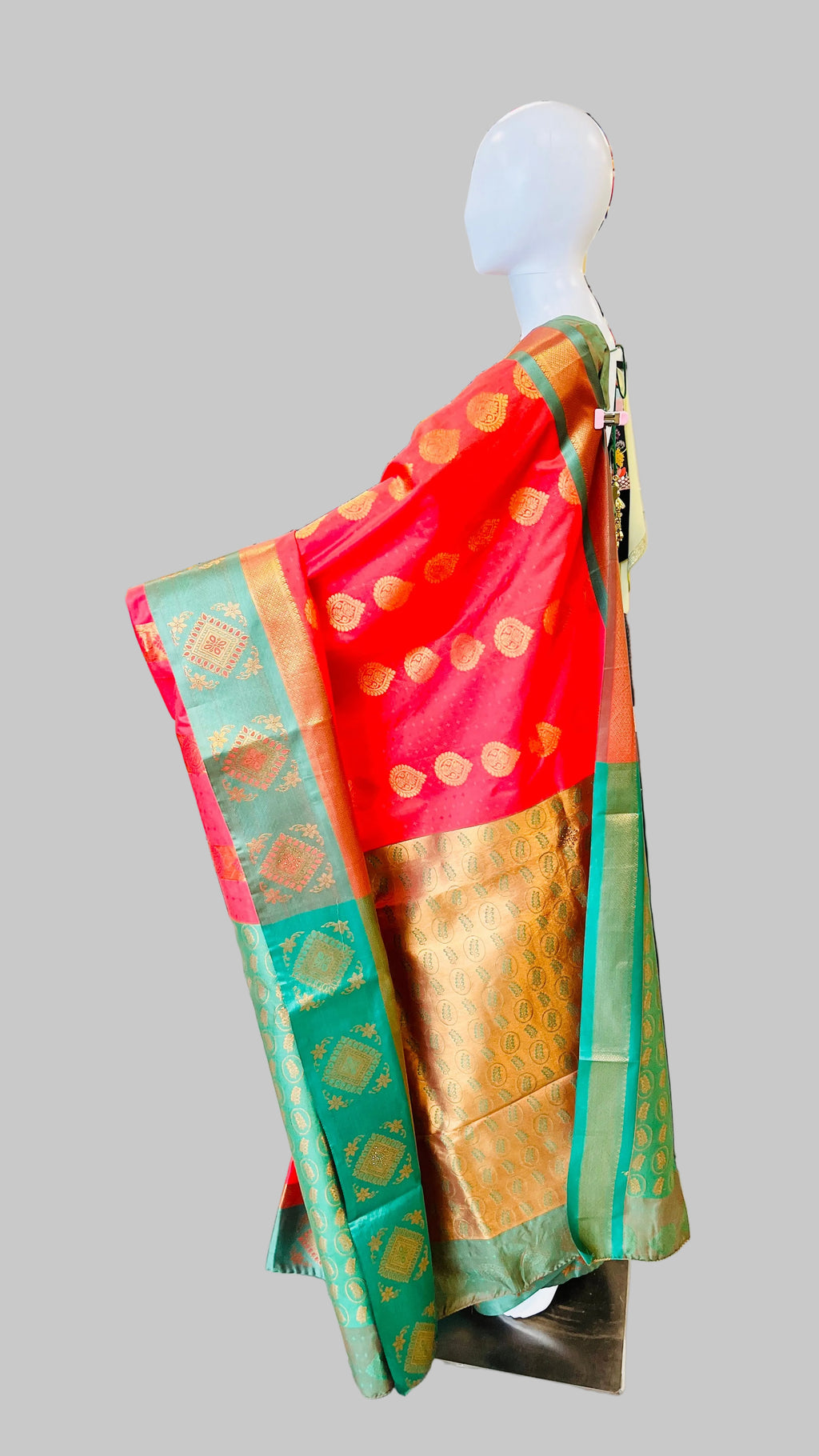 Red & Sage Green  Silk Saree