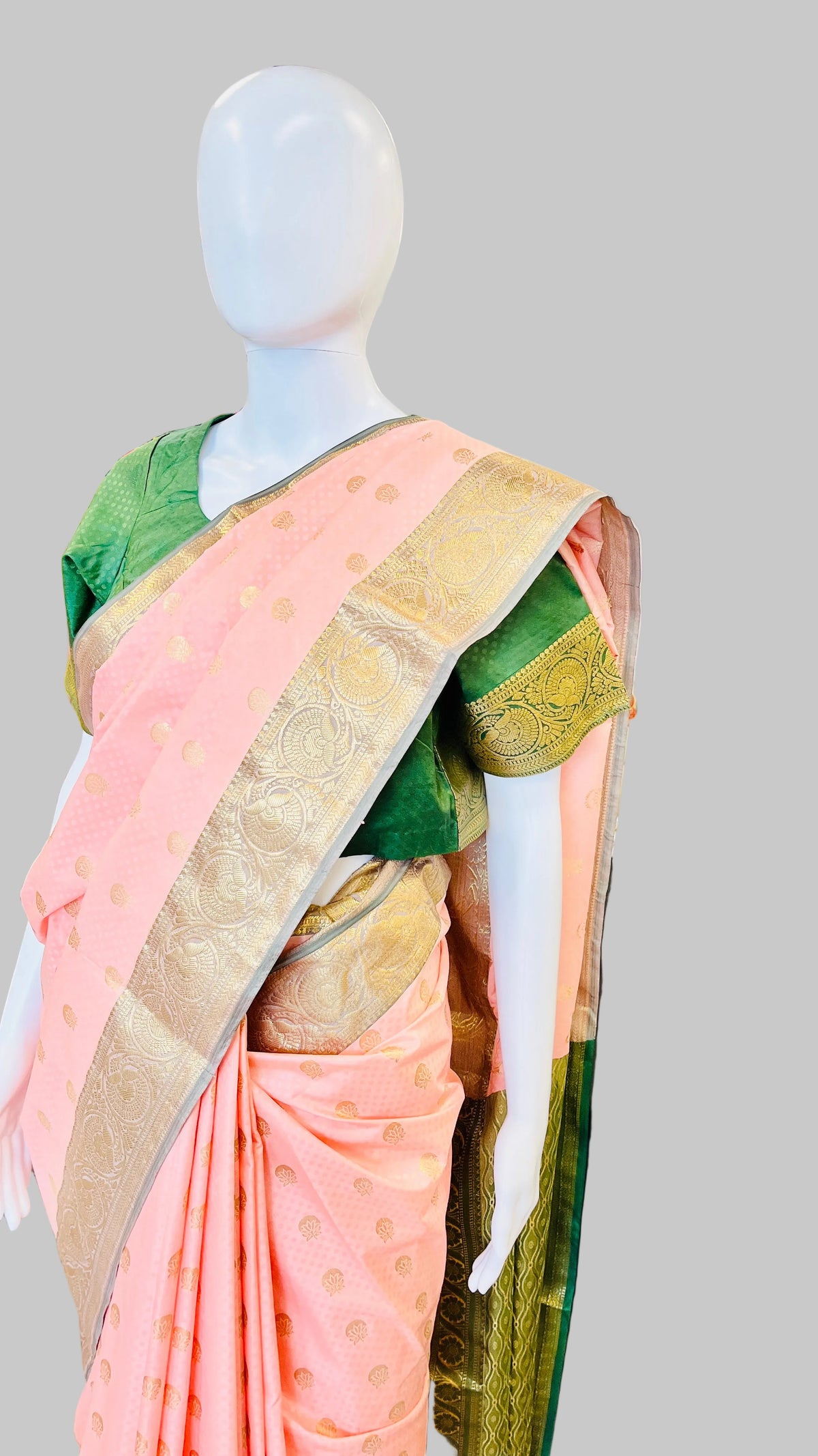 Peach & Dark Green Silk Saree