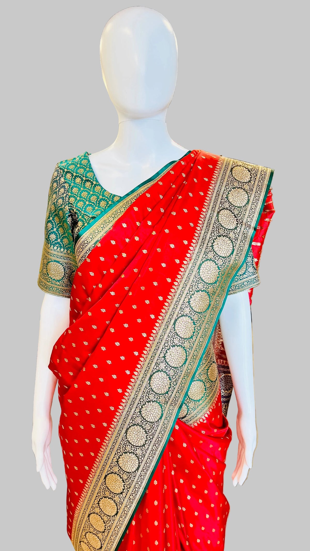 Red &amp; Dark Green Banarasi Silk Saree